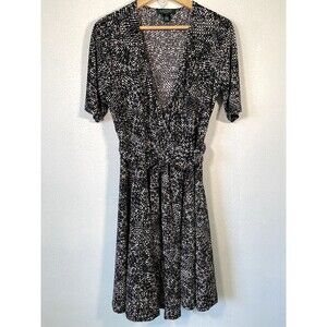 LAUREN RALPH LAUREN Black Gray Vneck Slimming Wrap Dress 3/4 Sleeve Dress Sz 12